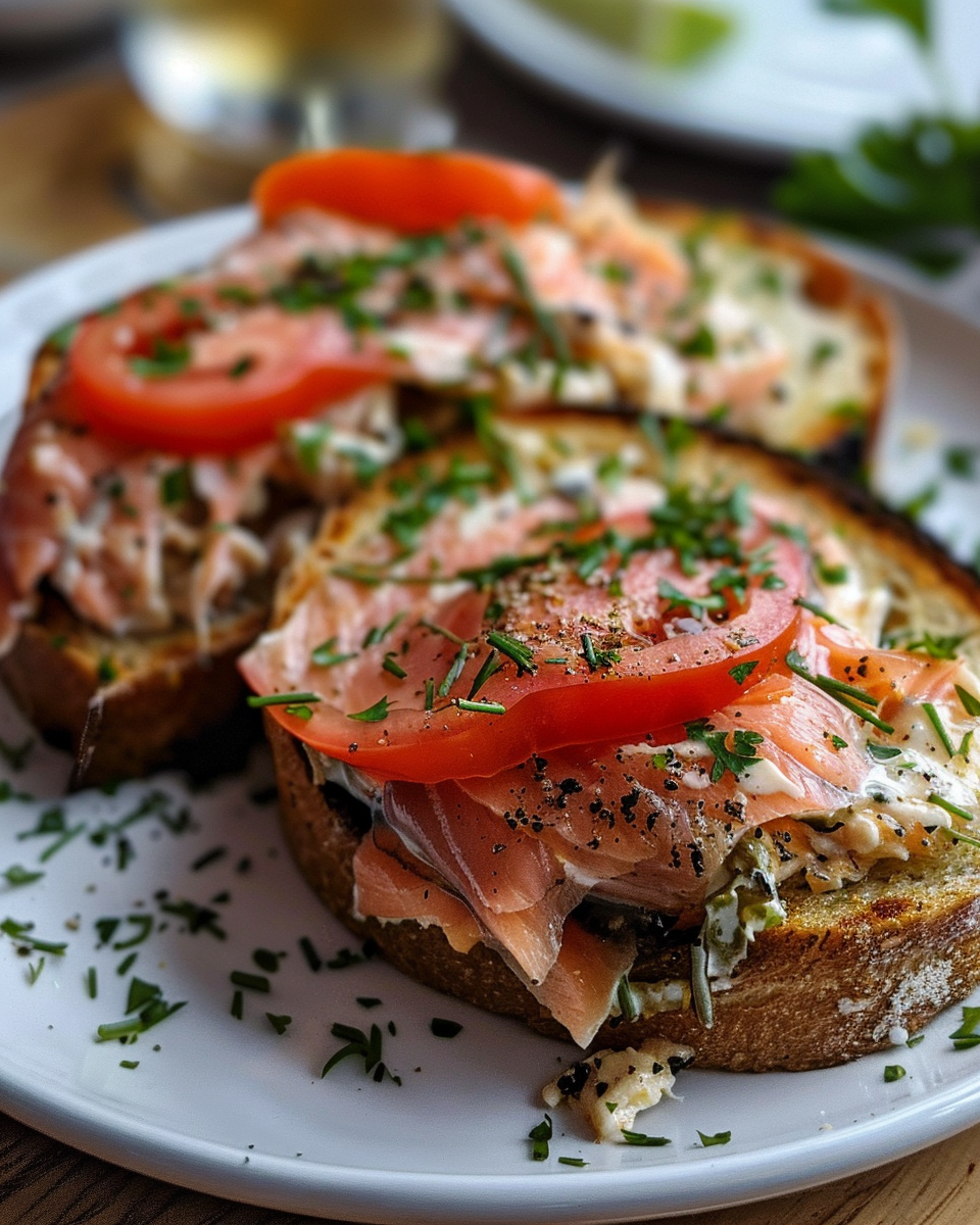 Close up of creamy salmon melt with melted cheese and toasted bread