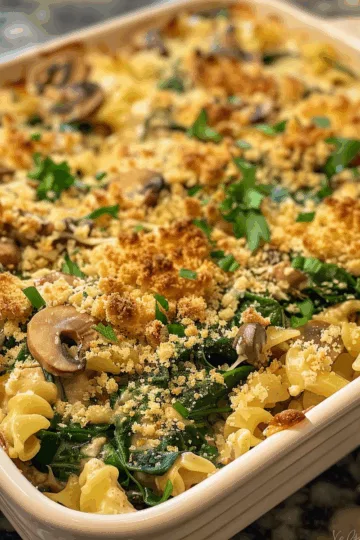 tuna noodle casserole recipe with Spinach and Mushrooms taken with iphone 15 pro max --iw 2 --ar 4:5 --v 6.0 --raw