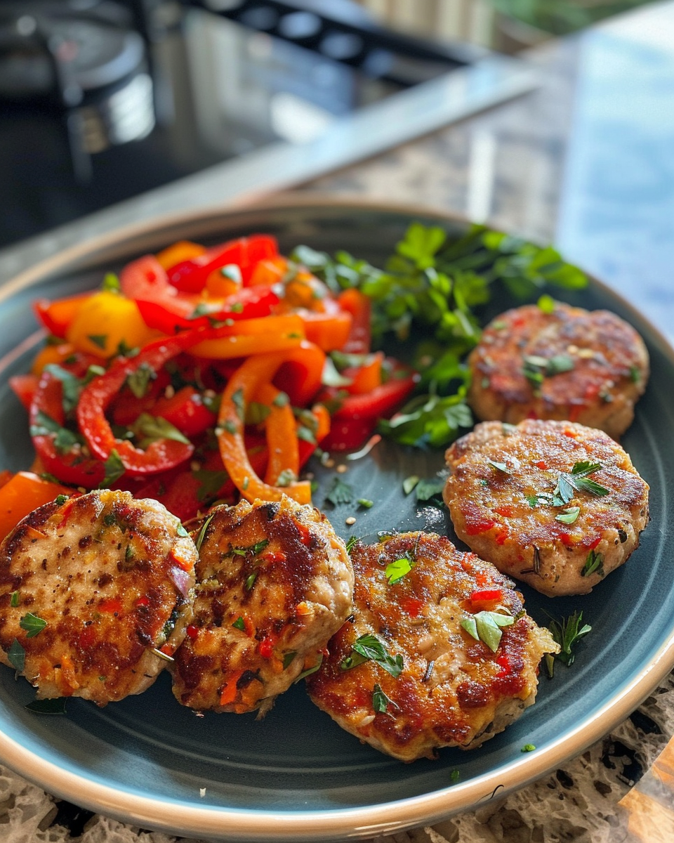 Plated tuna patties with roasted red pepper mayo drizzle