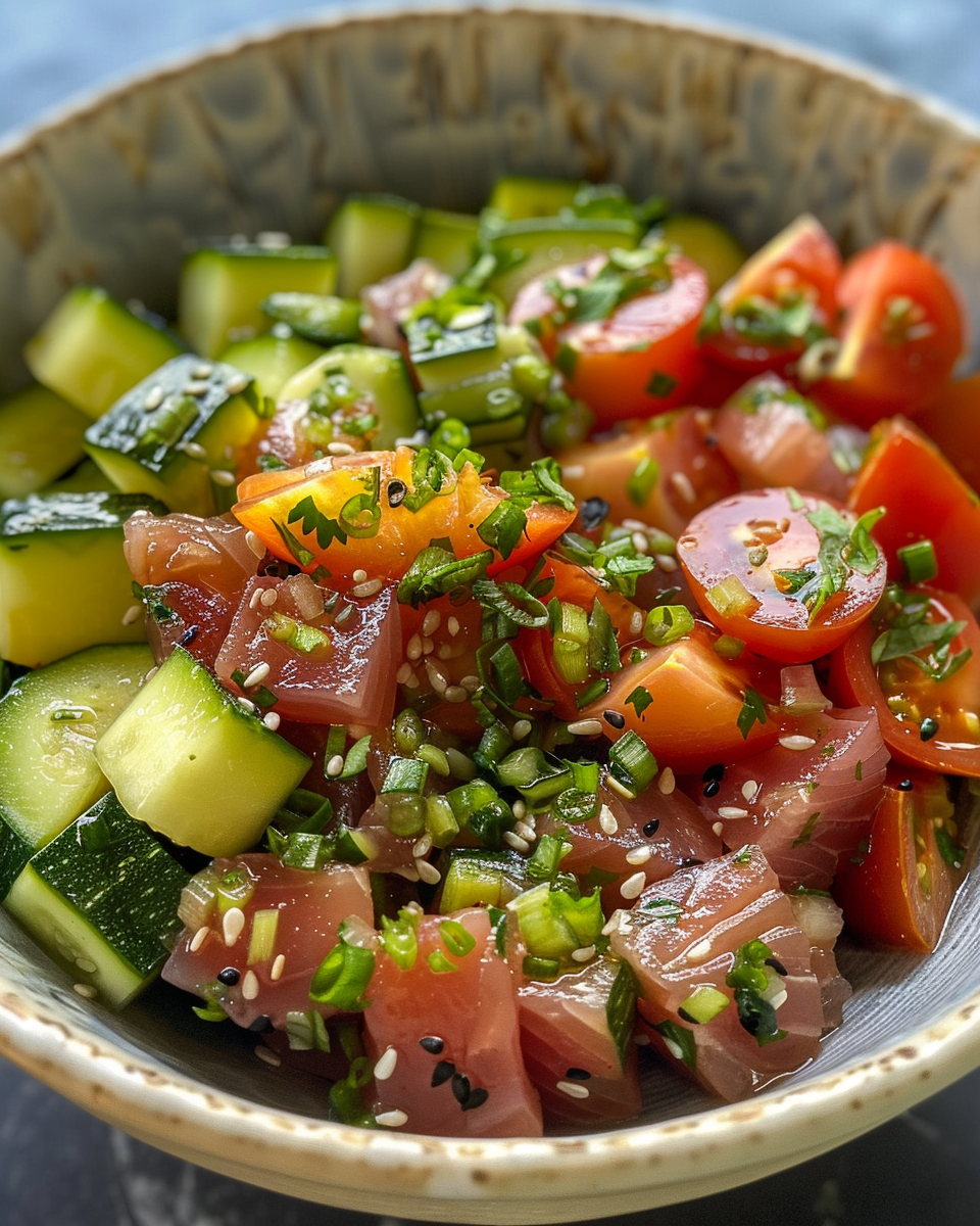 Ingredients for fresh ahi tuna poke with avocado and cucumber noodles