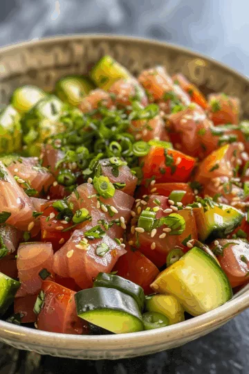 tuna poke with Zucchini and Tomatoes taken with iphone 15 pro max --iw 2 --ar 4:5 --v 6.0 --raw