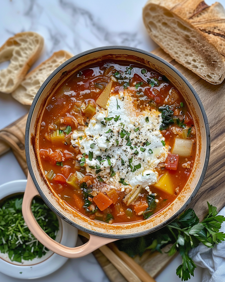 Closeup of vegetable soup with ricotta filling in pot ready to serve