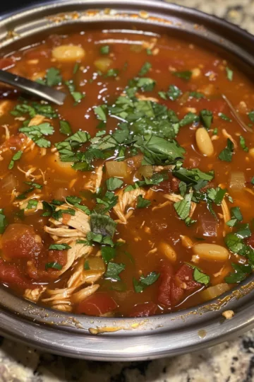 white chicken chili with Tomato Basil Sauce taken with iphone 15 pro max --iw 2 --ar 4:5 --v 6.0 --raw