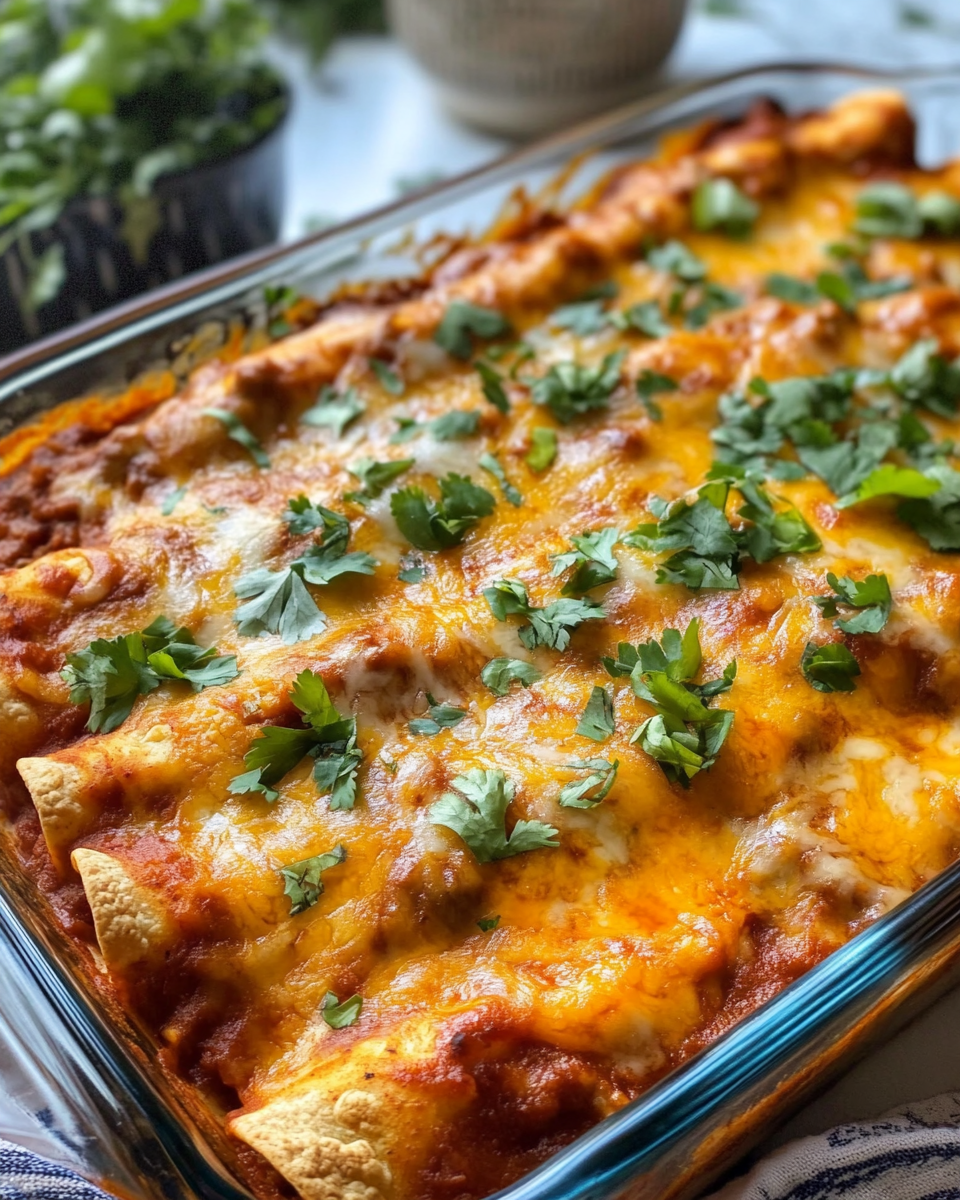 Finished 5 ingredient beef enchilada casserole melted cheesy top