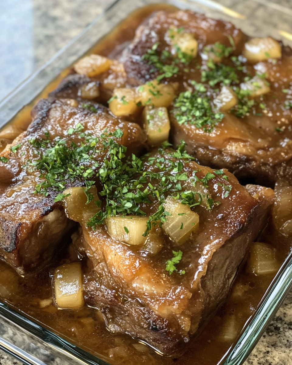 Apple cider braised pork shoulder ingredients including apples, herbs, and garlic arranged on a countertop
