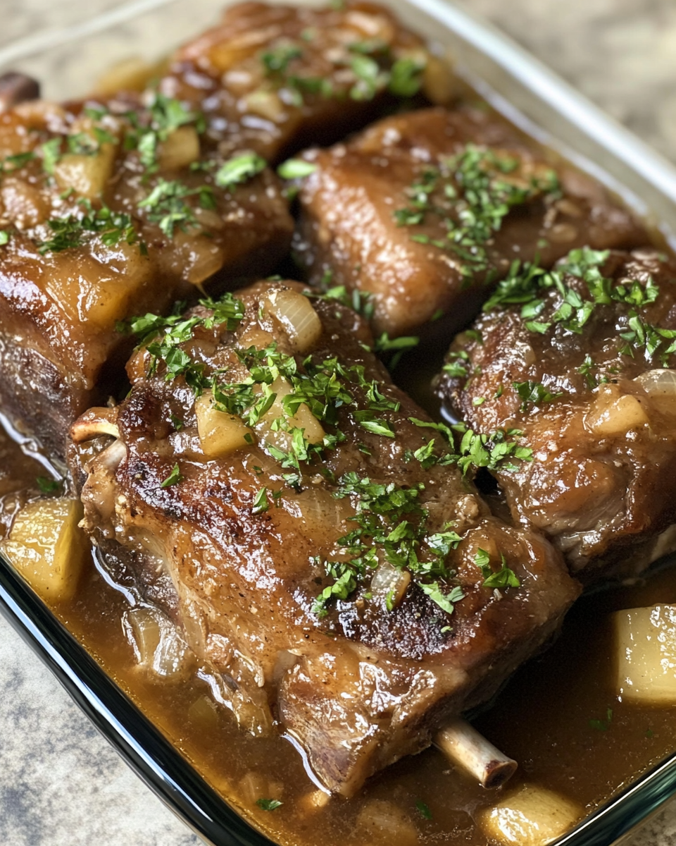Final cooked apple cider braised pork shoulder served ready to eat on a plate