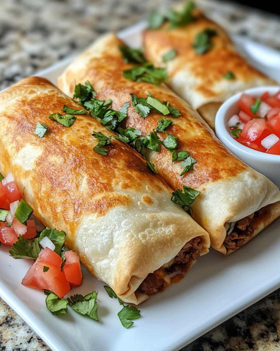 Close-up of a chimichanga split open showing melted cheese and beef filling