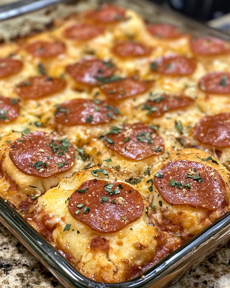Bubble Up Pizza Casserole topped with melted mozzarella cheese