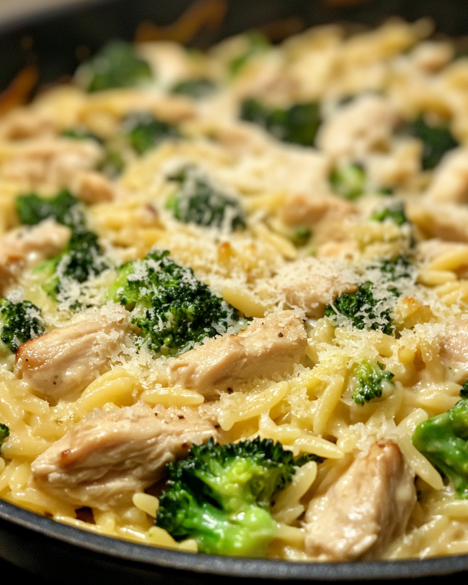 Ingredients for cheesy chicken broccoli orzo including broccoli, cheese, and orzo
