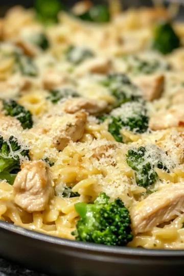 Cheesy Chicken Broccoli Orzo taken with iphone 15 pro max --iw 2 --ar 4:5 --v 6.1 --raw