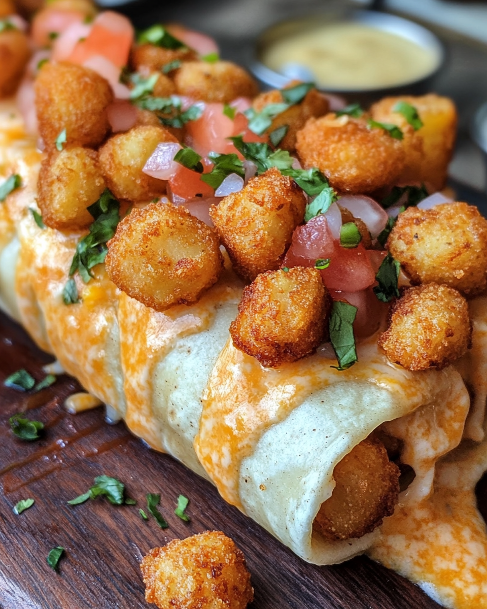 Ingredients and process of making cheesy potato burritos with tater tots