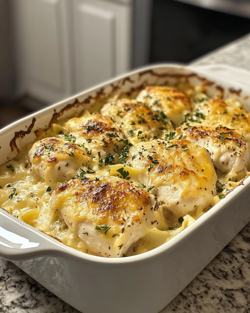 Ingredients mixed for chicken casserole with shredded chicken, cheese, bacon, and vegetables