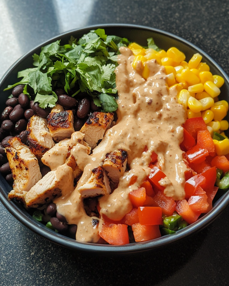 Finished Chipotle Chicken Burrito Bowl showing juicy chicken, black beans, corn, and creamy sauce
