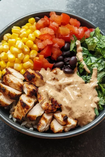Chipotle Chicken Bowl with Black Beans, Corn, & Creamy Sauce taken with iphone 15 pro max --iw 2 --ar 4:5 --v 6.1 --raw