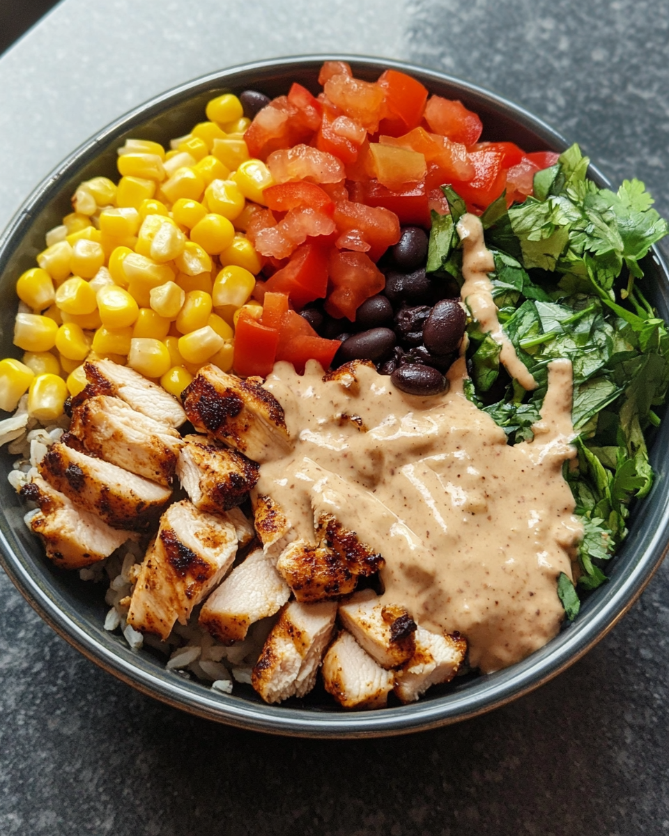 Chipotle Chicken Burrito Bowl fresh out of the pressure cooker with vibrant toppings