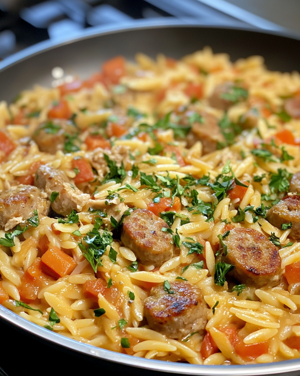 Final creamy chicken sausage orzo dish served warm with parmesan and spinach