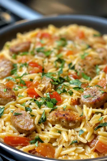 Creamy Chicken Sausage Orzo : A One-Pan Meal taken with iphone 15 pro max --iw 2 --ar 4:5 --v 6.1 --raw