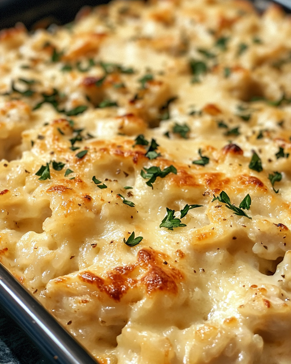 French fried onions sprinkled on creamy chicken rice casserole before final bake