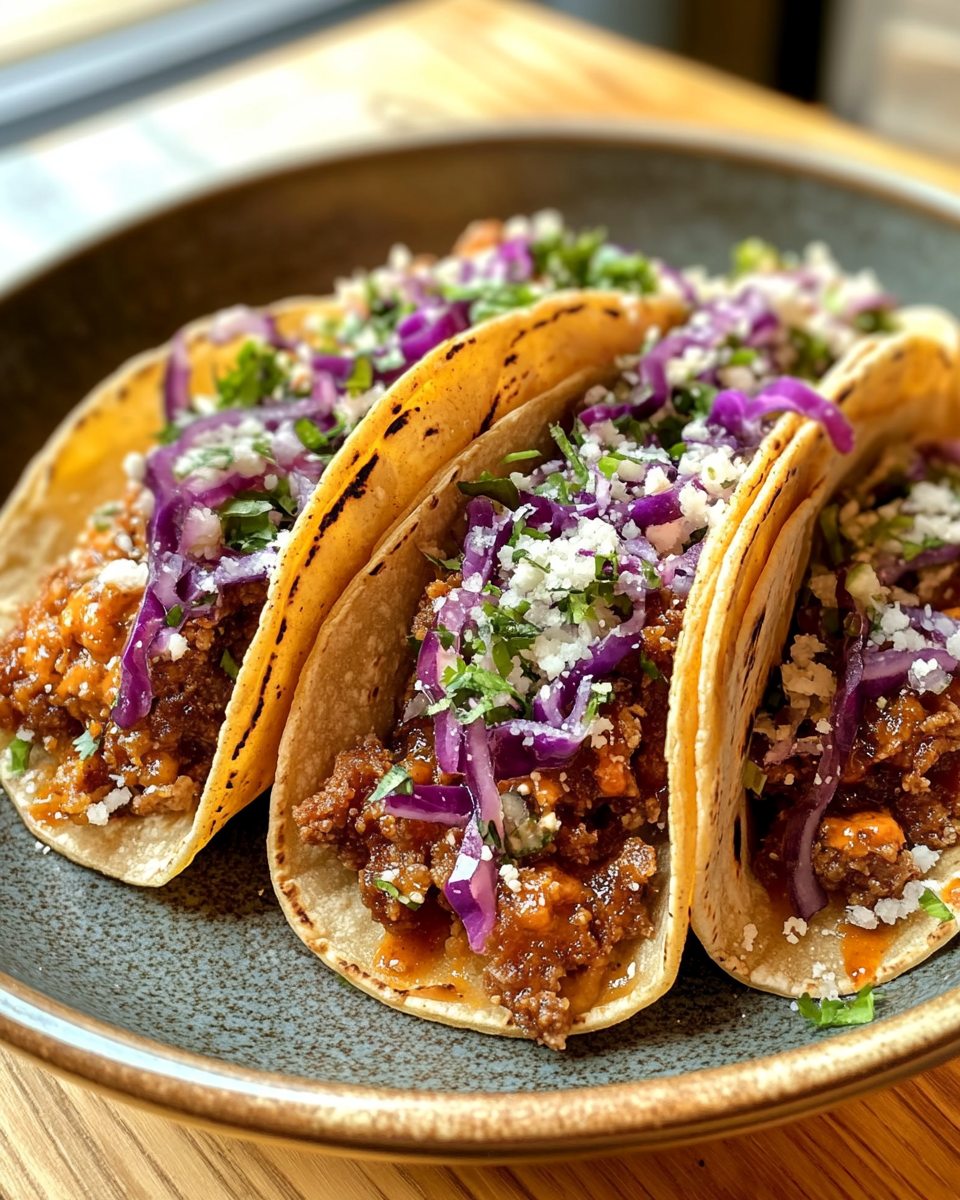 Assorted fresh taco ingredients and ground beef mixture