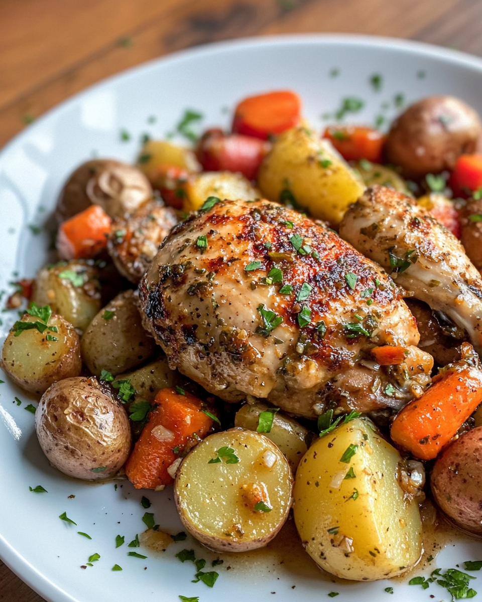 Juicy garlic butter chicken with potatoes and carrots cooking in crock pot