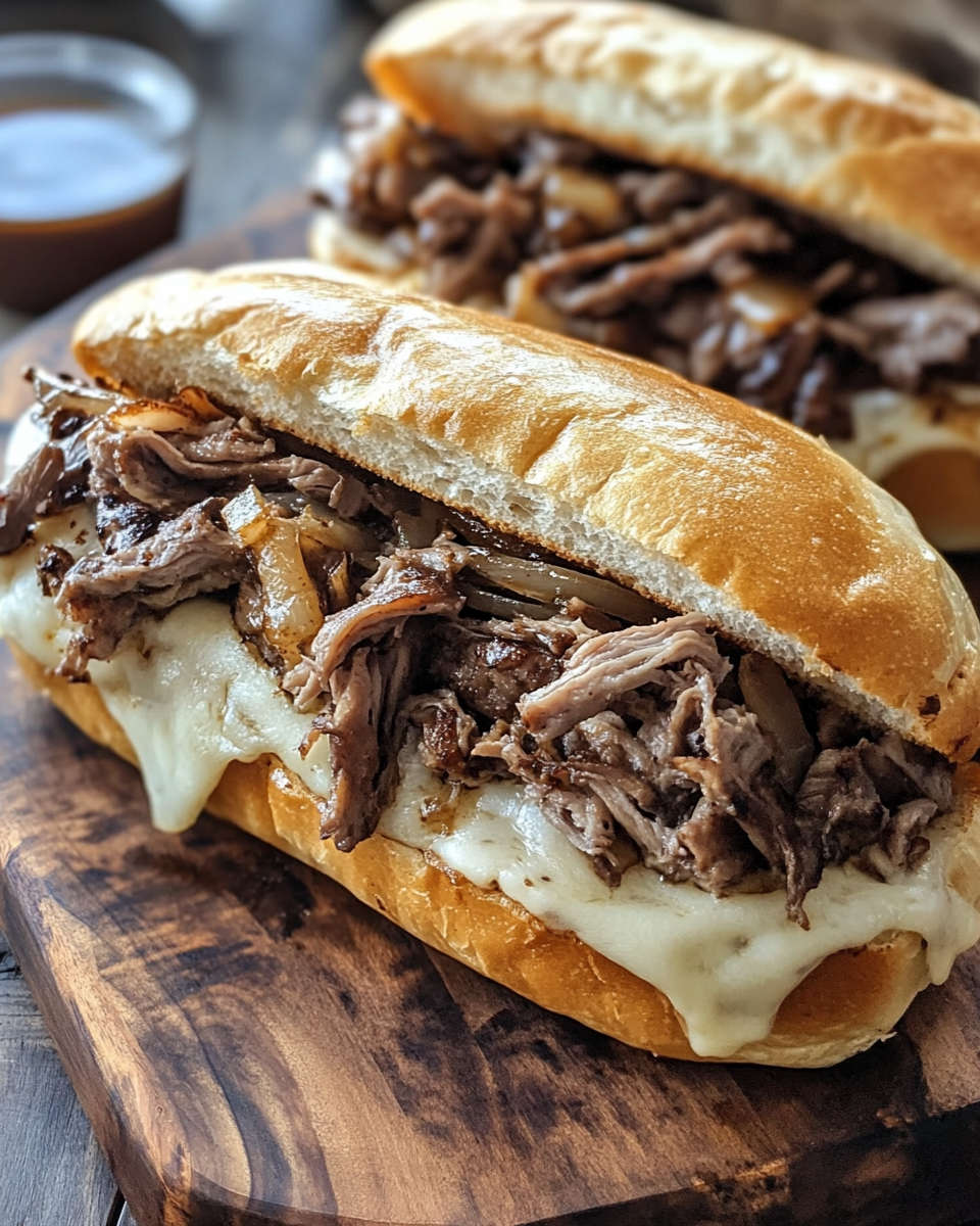 Ingredients laid out for french dip crockpot sandwiches including chuck roast and provolone cheese
