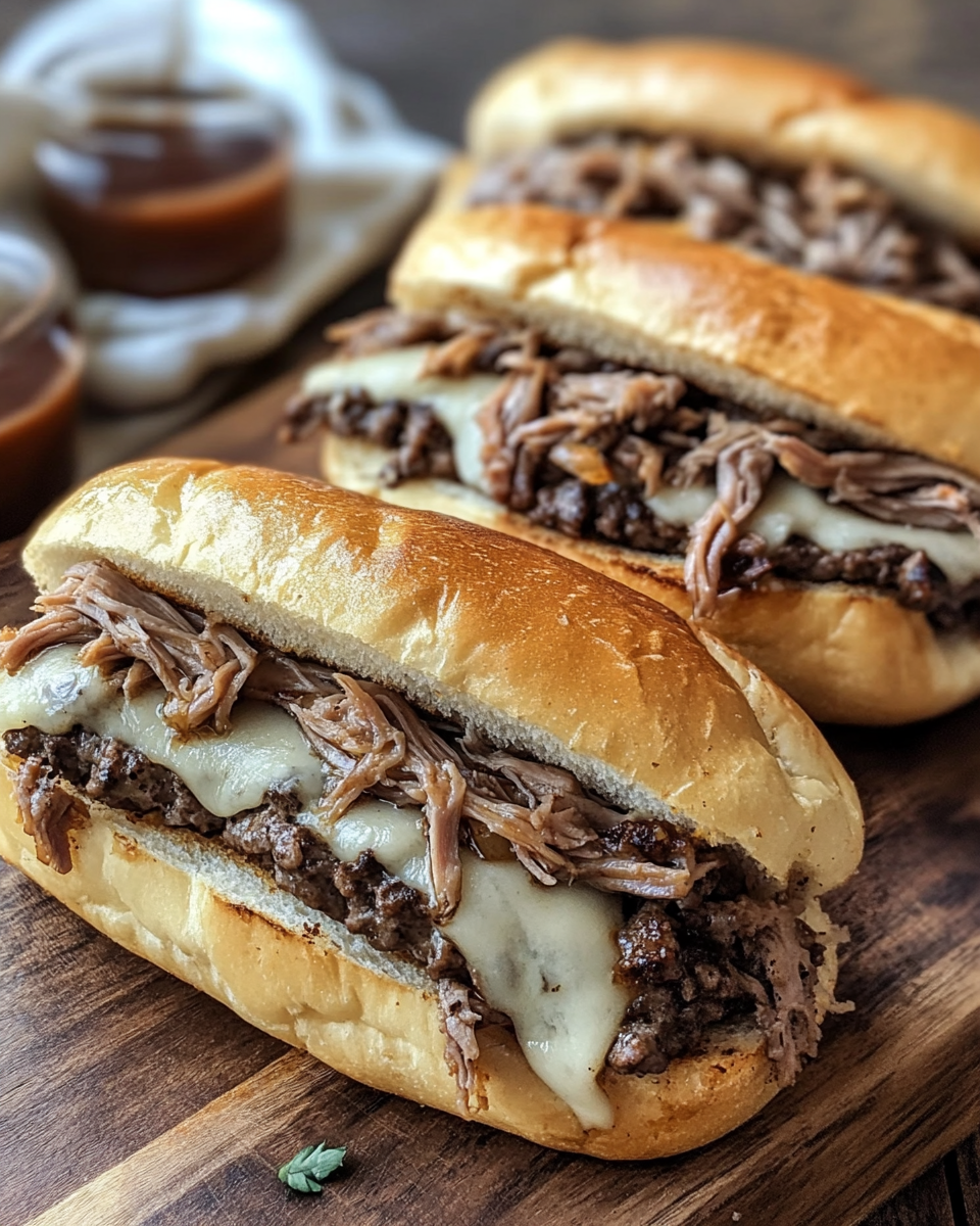Ready to eat french dip sandwiches plated with melted provolone and au jus