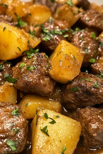 Crockpot Garlic Butter Beef Bites with Potatoes taken with iphone 15 pro max --iw 2 --ar 4:5 --v 6.1 --raw