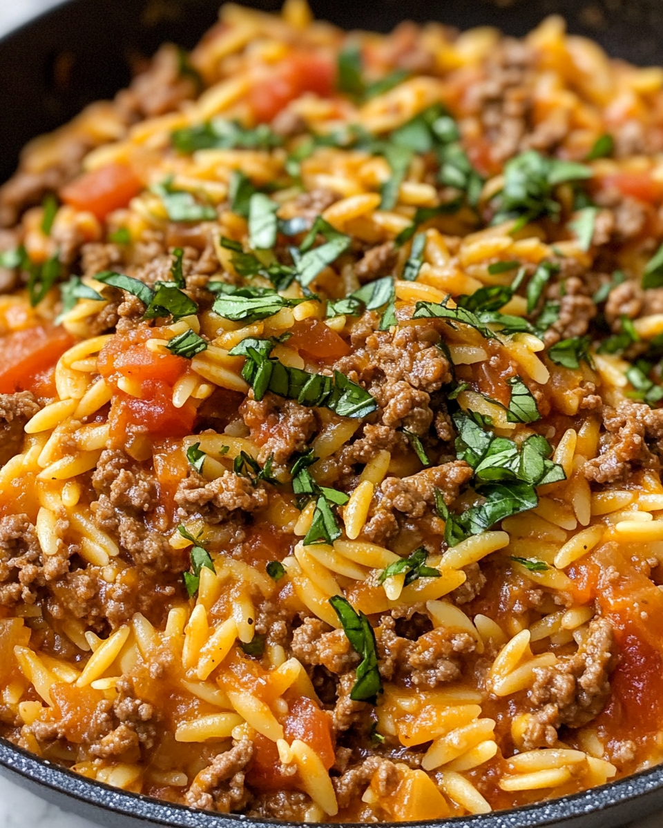 Ingredients laid out for ground beef orzo recipe including tomato sauce, garlic, and seasonings