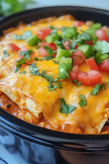 Easy and Delicious Crockpot Chicken Enchilada Casserole taken with iphone 15 pro max --iw 2 --ar 4:5 --v 6.1 --raw