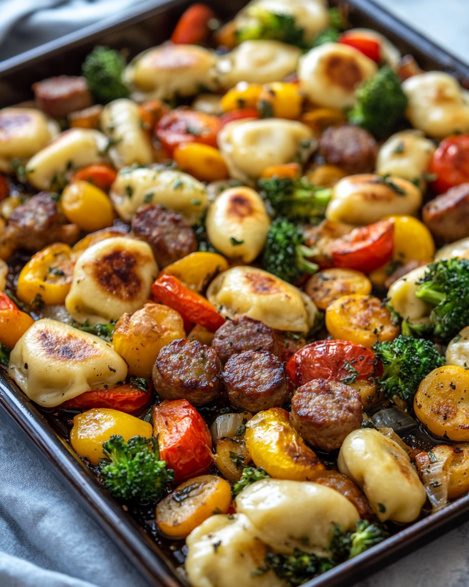 Ingredients and seasoning for pierogi sausage and veggie sheet pan meal in bowls