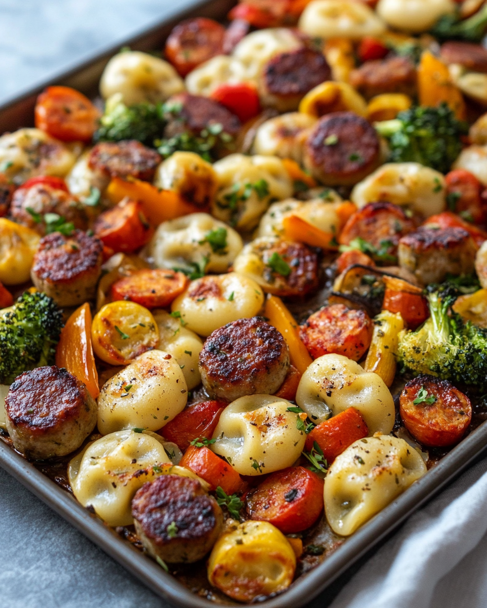 Golden brown crispy pierogies and kielbasa served ready to eat