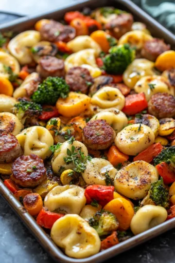 Easy Pierogi Sausage and Veggie Sheet Pan taken with iphone 15 pro max --iw 2 --ar 4:5 --v 6.1 --raw