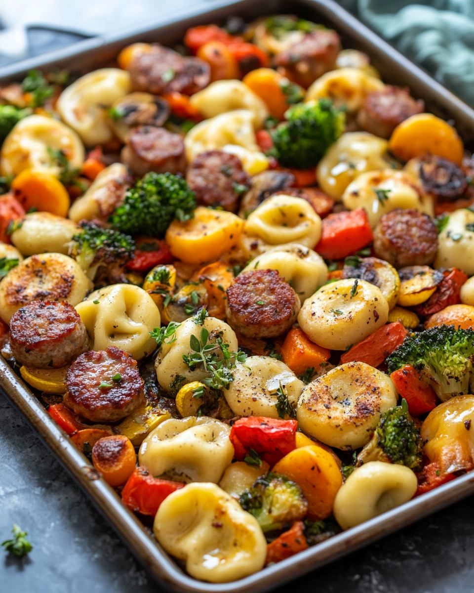 Pierogi sausage and veggie sheet pan meal fresh out of the oven with steam
