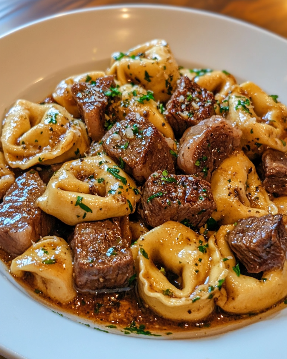 Final plated garlic steak tortellini with Parmesan cheese garnish