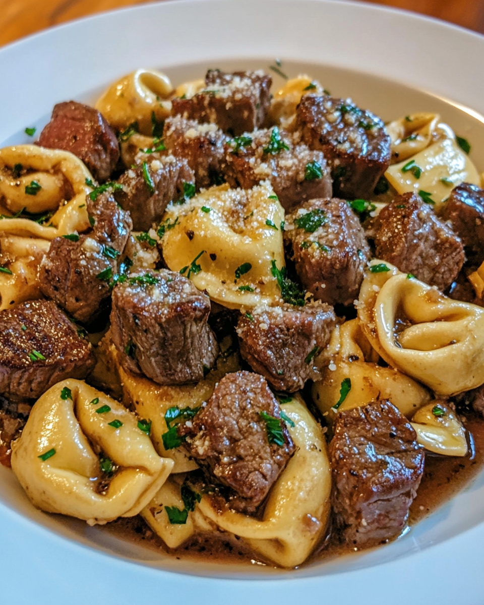 Close up of garlic steak tortellini right after opening the pressure cooker lid