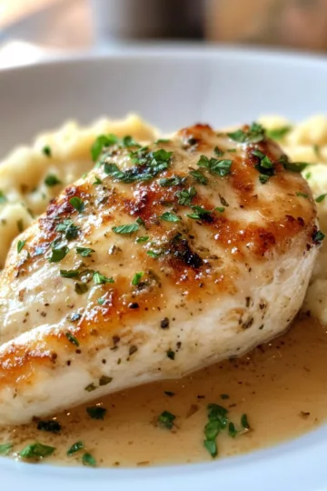 Glazed Garlic Herb Chicken Breast Over Creamy taken with iphone 15 pro max --iw 2 --ar 4:5 --v 6.1 --raw