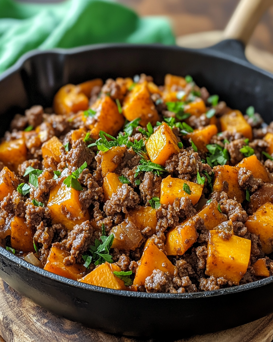 Ingredients for ground beef and sweet potato recipe with almonds and honey
