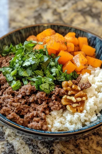 ground beef bowl with Walnuts and Cinnamon taken with iphone 15 pro max --iw 2 --ar 4:5 --v 6.1 --raw