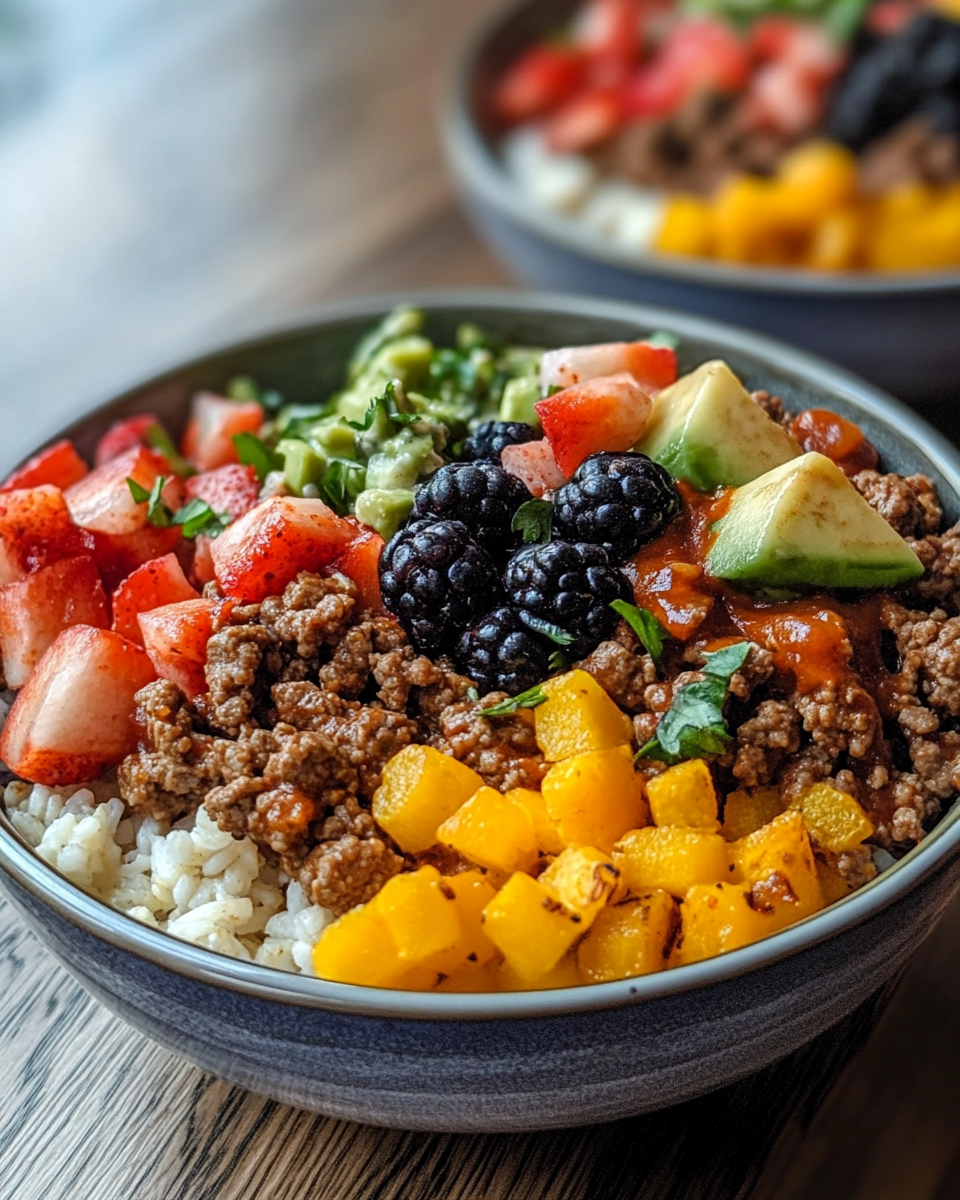 Finished ground beef bowls with cheese and sour cream served