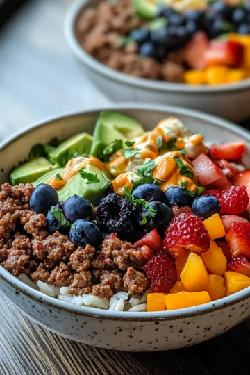 ground beef bowls with Berries Mix taken with iphone 15 pro max --iw 2 --ar 4:5 --v 6.1 --raw