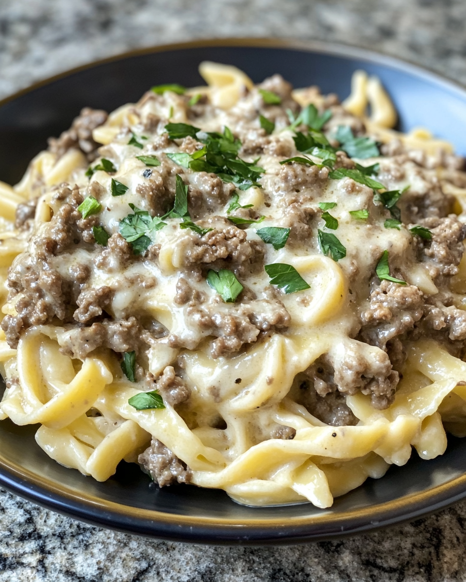 Finished creamy beef stroganoff served hot in a bowl ready to eat