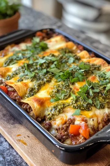 ground beef enchilada casserole with Pesto Drizzle taken with iphone 15 pro max --iw 2 --ar 4:5 --v 6.1 --raw