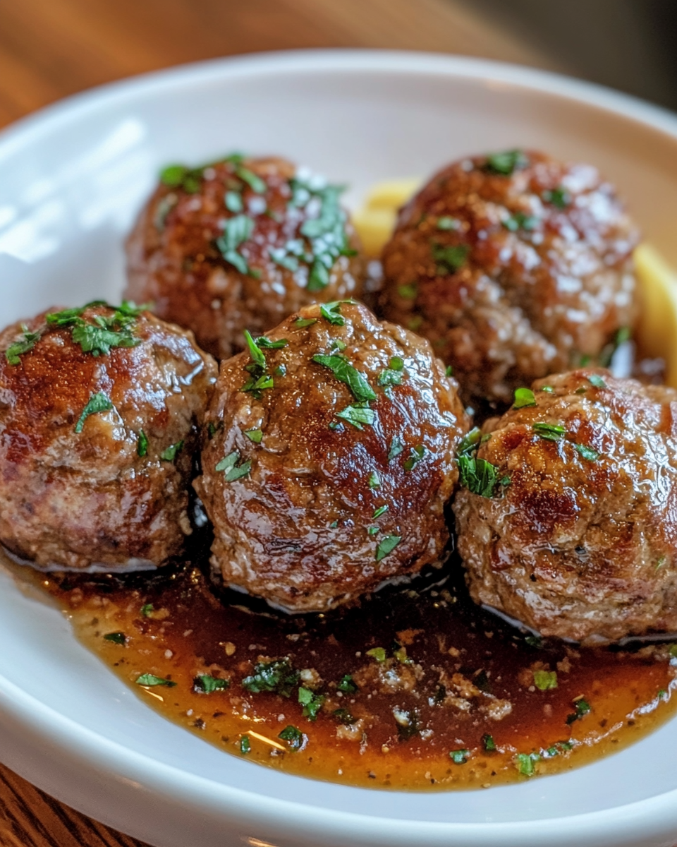 Fully cooked ground beef meatballs with crispy bacon served on plate