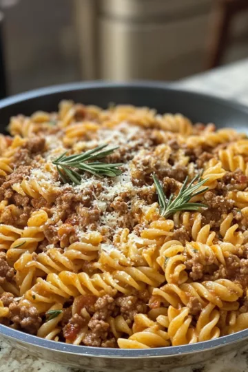 ground beef pasta with Garlic and Rosemary taken with iphone 15 pro max --iw 2 --ar 4:5 --v 6.1 --raw