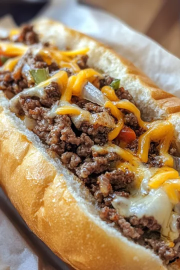 ground beef philly cheese steak with Chili Flakes taken with iphone 15 pro max --iw 2 --ar 4:5 --v 6.1 --raw