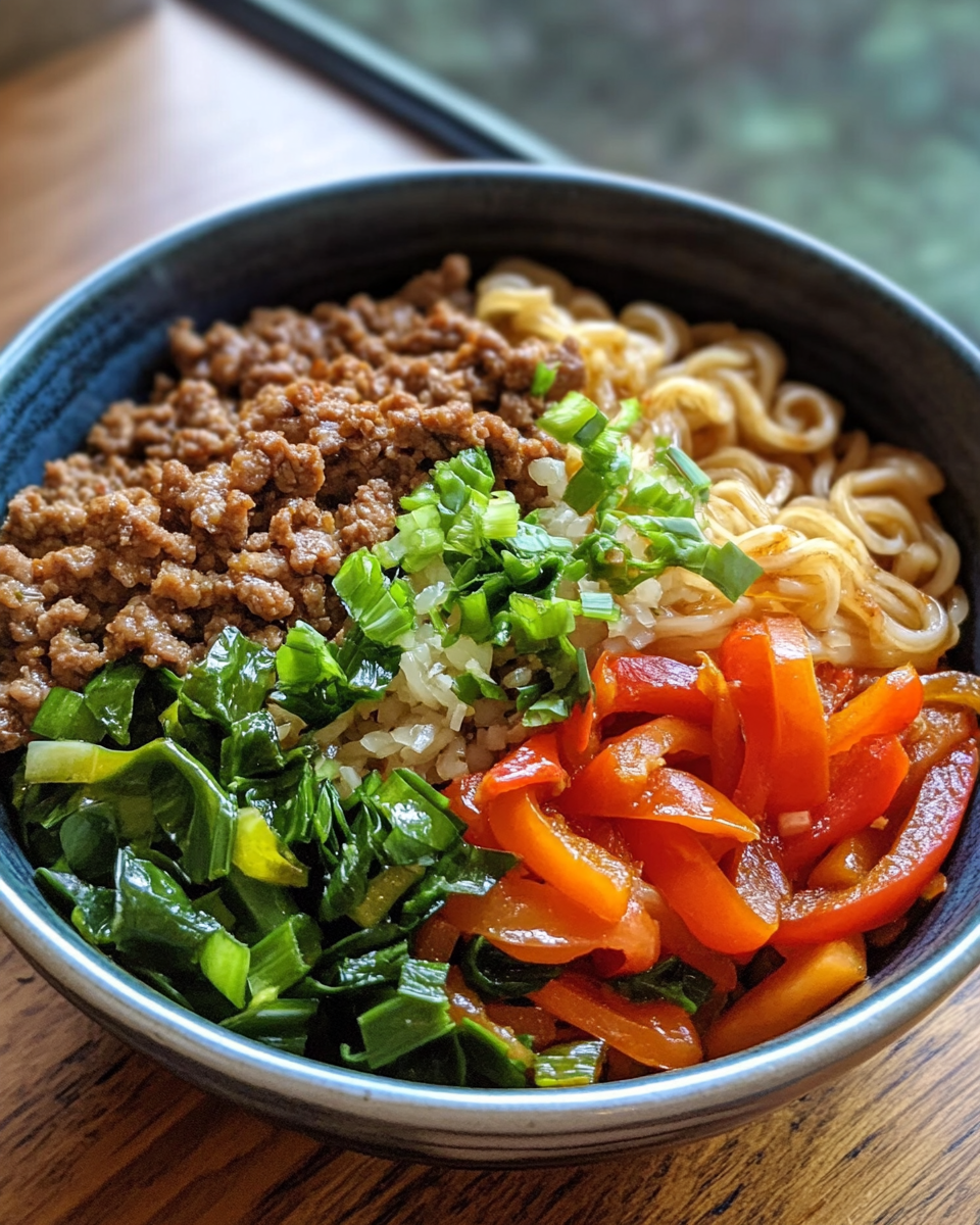 Ground beef ramen simmering in a slow cooker with roasted bell peppers