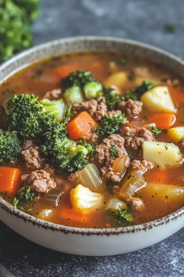 ground beef soup recipes with Broccoli and Cauliflower taken with iphone 15 pro max --iw 2 --ar 4:5 --v 6.1 --raw