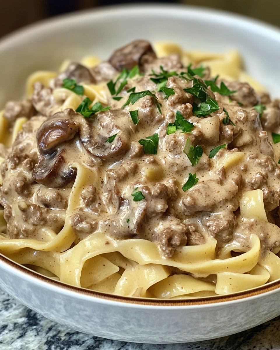 Pressure cooker ground beef stroganoff with caramelized onions and mushrooms in pan