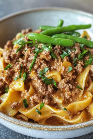 ground beef stroganoff with Green Beans taken with iphone 15 pro max --iw 2 --ar 4:5 --v 6.1 --raw