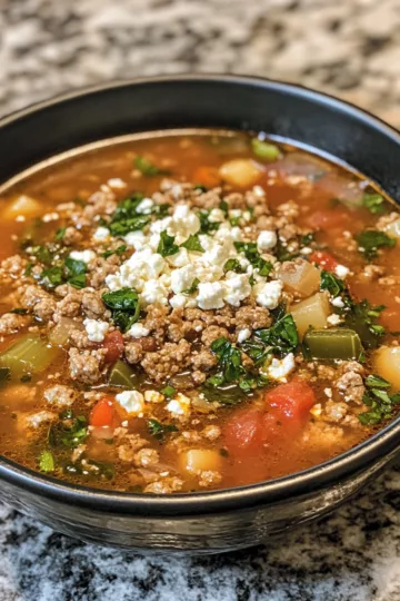 ground beef vegetable soup with Feta Cheese Crumble taken with iphone 15 pro max --iw 2 --ar 4:5 --v 6.1 --raw